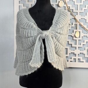 Handmade Chunky Knit Capelet Shawl Tie Front Bow Ruffle Hem Light Blue Grey
